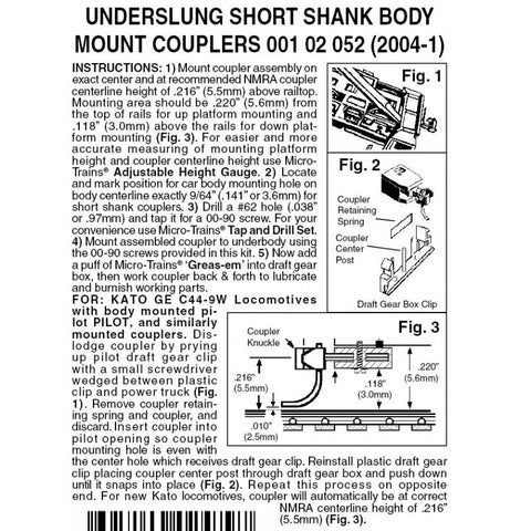 00102052 - Underslung Short Shank Body Mount Couplers - 2 pair (N Scale)