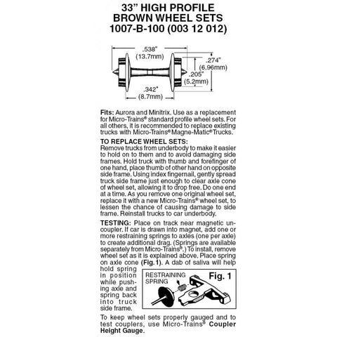 00312012 - 33” Standard Wheelsets - High Flange - Brown - 100 Axles (N Scale)