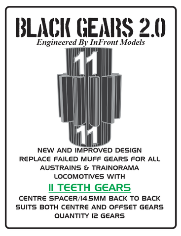 Black Gears 2.0 – to suit Austrains & Trainorama Models – 11-Teeth Gears (12pc)
