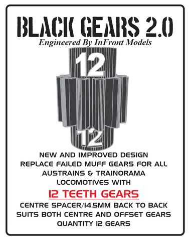 Black Gears 2.0 – to suit Austrains & Trainorama Models – 12-Teeth Gears (12pc)