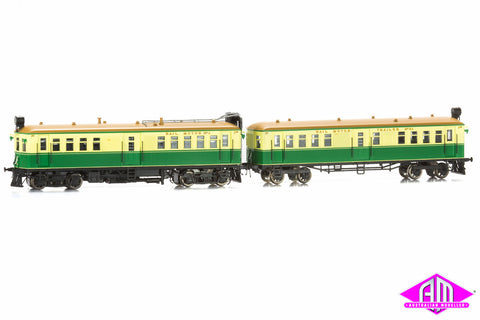 CPH/CTH Rail Motor and Trailer Set - Tongue and Groove - Green & Cream - Weathered - CPH6 CTH 54 - with Sound