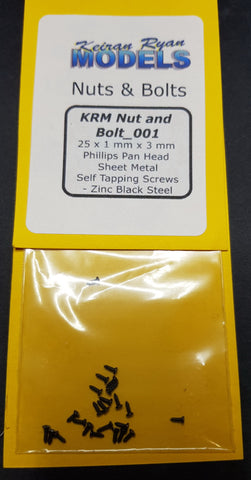 KRM-NB001 - Phillips Pan Head Sheet Metal Self Tapping Screws - 25pc (1mm x 3mm)