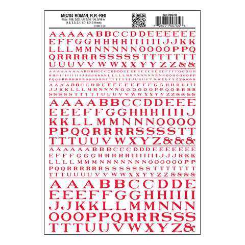 MG704 - Dry Transfer Lettering - Roman R.R. Red (1.5mm to 7.9mm)