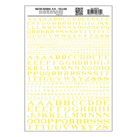 MG705 - Dry Transfer Lettering - Roman R.R. Yellow (1.5mm to 7.9mm)