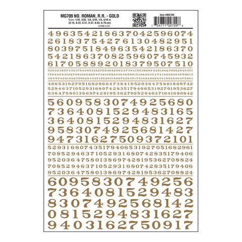 MG709 - Dry Transfer Numbers - Roman R.R. Gold (1.5mm to 7.9mm)