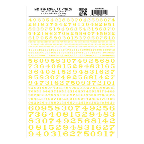MG711 - Dry Transfer Numbers - Roman R.R. Yellow (1.5mm to 7.9mm)