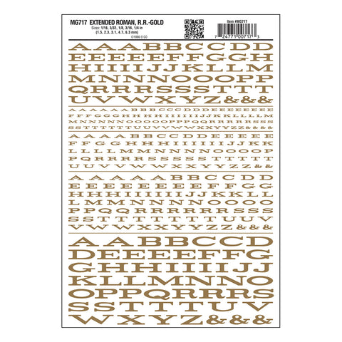 MG717 - Dry Transfer Lettering - Extended Roman R.R. Gold  (1.5mm to 6.3mm)