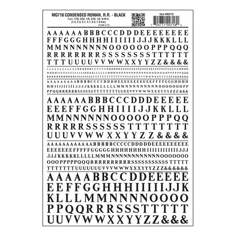 MG718 - Dry Transfer Lettering - Condensed Roman R.R. Black (1.5mm to 7.9mm)