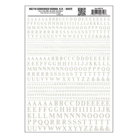 MG719 - Dry Transfer Lettering - Condensed Roman R.R. White (1.5mm to 7.9mm)