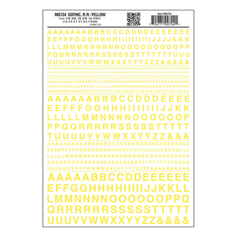 MG724 - Dry Transfer Lettering - Gothic R.R. Yellow (1.5mm to 7.9mm)