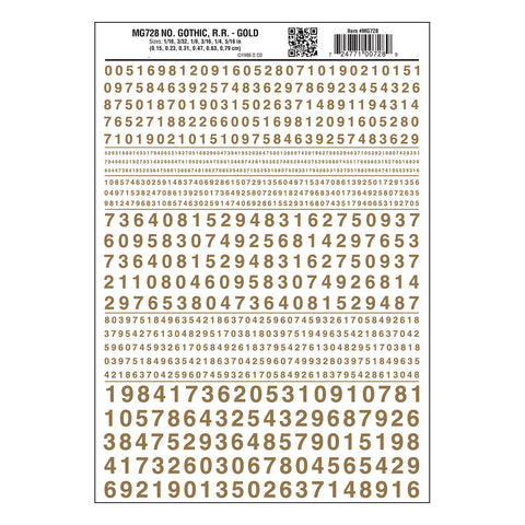 MG728 - Dry Transfer Numbers - Gothic R.R. Gold (1.5mm to 7.9mm)