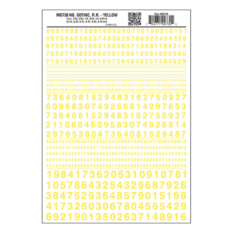 MG730 - Dry Transfer Numbers - Gothic R.R. Yellow (1.5mm to 7.9mm)