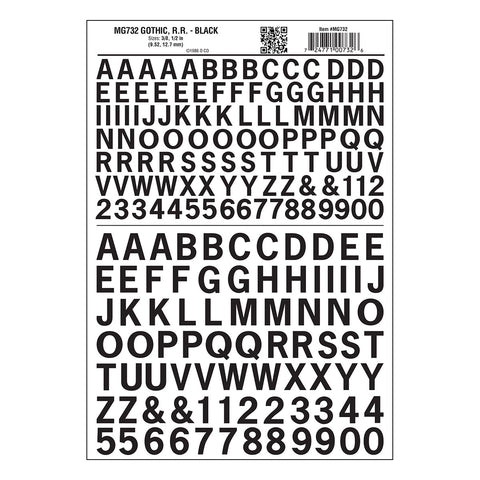MG732 - Dry Transfer Lettering - Gothic R.R. Black (9.5mm to 12.7mm)