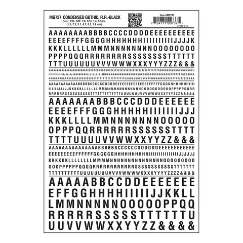 MG737 - Dry Transfer Lettering - Condensed Gothic R.R. Black (1.5mm to 6.3mm)