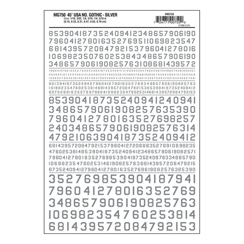 MG750 - Dry Transfer Numbers - 45° USA Gothic Silver (1.5mm to 7.9mm)