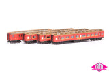 E Passenger Car Steamrail, Carriage Red with Yellow Stripe - 4 Car Set VPS-35