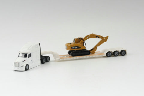 White Peterbilt 579 Tractor with Lowboy Trailer CAT 351C Excavator (HO Scale)