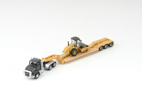 Black Kenworth T880 Tractor with Lowboy Trailer CAT Roller (HO Scale)