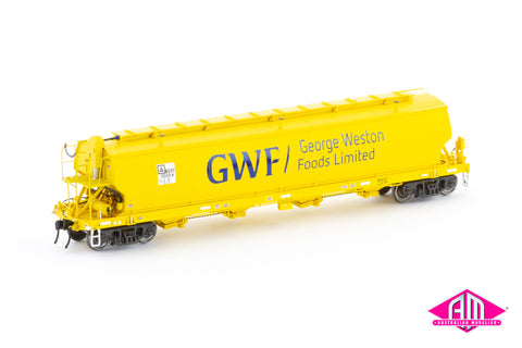 BGSY Grain Hopper, George Weston Foods/SSR Yellow, Large GWF Logo - 4 Wagon Pack (AGH-11) HO Scale