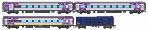 N Passenger Cars V/Line PTV, Purple/Grey/Silver with V/Line & PTV Logos, 4 Car Set (VPS-52) HO Scale