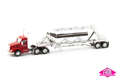 SPEC003 - Peterbilt 579 Day Cab Truck with Semi-Pneumatic Bulk Trailer - Chrome, Red (HO Scale)