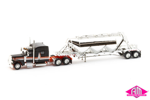 SPEC017 - Peterbilt 389 Sleeper Cab Tractor with Pneumatic Bulk Trailer - Black, Silver, Orange, Chrome (HO Scale)