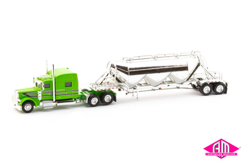 SPEC019 - Peterbilt 389 Sleeper Cab Tractor with Pneumatic Bulk Trailer - Lime Green, Black, Chrome (HO Scale)