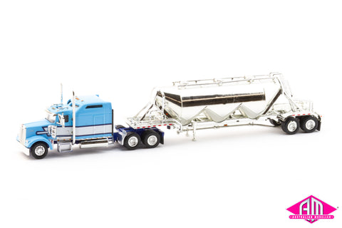 SPEC026 - Kenworth W900L Sleeper-Cab Truck with Pneumatic Bulk Trailer - Blue, White, Chrome (HO Scale)