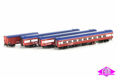 N Passenger Cars V/Line Passenger MK1 Red/White/Blue without Bottom Stripes and with V/Line Logo, 4 Car Set (VPS-11) HO Scale