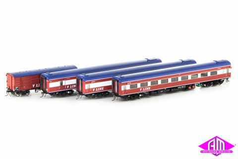 N Passenger Cars V/Line Passenger MK1 Red/White/Blue with Bottom Stripes and V/Line Logo, 4 Car Set (VPS-13) HO Scale