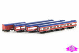 N Passenger Cars V/Line Passenger MK1 Red/White/Blue with Bottom Stripes and V/Line Logo, 4 Car Set (VPS-12) HO Scale