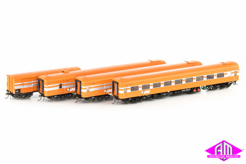 N Passenger Cars V/Line Orange with Silver Stripes and V/Line Logo, 4 Car Set (VPS-7) HO Scale