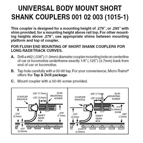 00102003 - Body Mount Short Shank Couplers - 2 pair (N Scale)