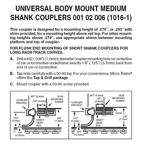 00102006 - Body Mount Universal Medium Shank Couplers - 2 pair (N Scale)