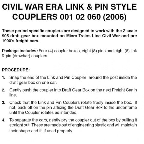 00102060 - Civil War Era Link & Pin Style Couplers - 2 pair (N Scale)