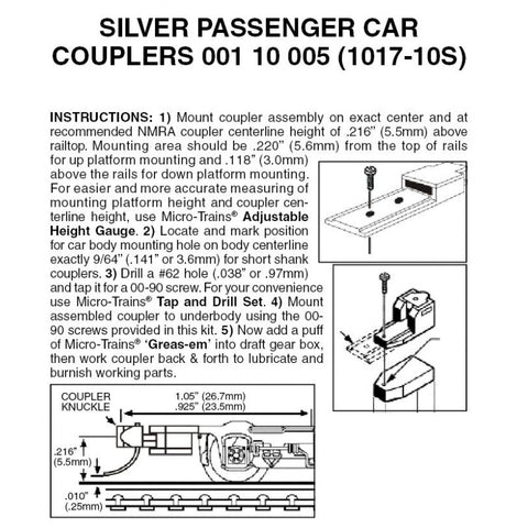 00110005 - Passenger Car Couplers - Silver - 10 pair (N Scale)