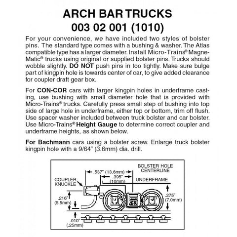 00302001 - Arch Bar Bogies with Short Extension Coupler - 1 pair (N Scale)