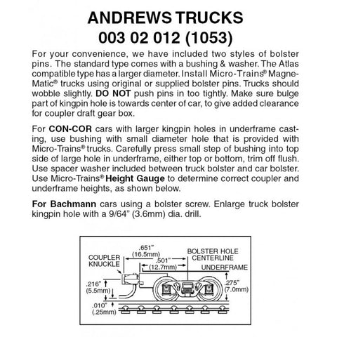00302012 - Andrews Bogies with Medium Extension Coupler - 1 pair (N Scale)