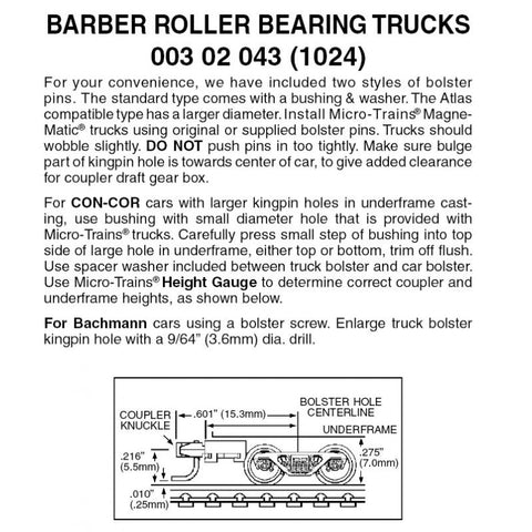00302043 - Barber Roller Bearing Bogies with Medium Extension Couplers - 1 pair (N Scale)