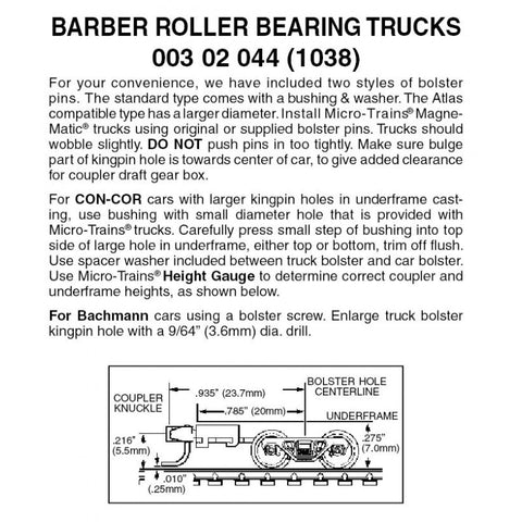 00302044 - Barber Roller Bearing Bogies with Long Extension Couplers - 1 pair (N Scale)