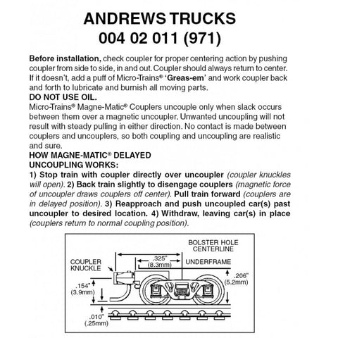 00302011 - Andrews Bogies with Short Extension Coupler - 1 pair (N Scale)