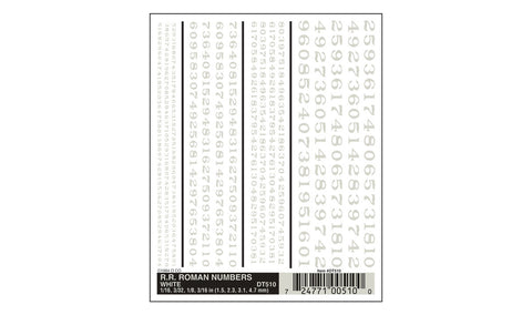 DT510 - Dry Transfer - Numbers, Roman - White (1.2, 2.3, 3.1, 4.7mm)