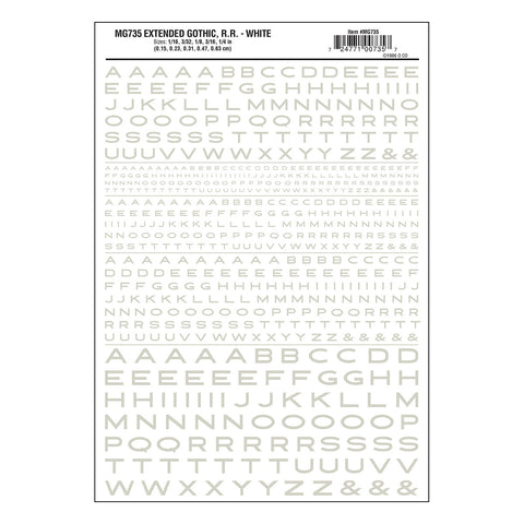 MG735 - Dry Transfer Lettering - Extended Gothic R.R. White (1.5mm to 6.3mm)