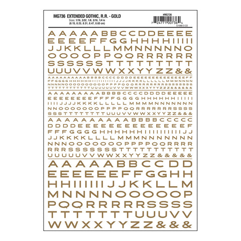 MG736 - Dry Transfer Lettering - Extended Gothic R.R. Gold (1.5mm to 6.3mm)
