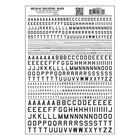 MG739 - Dry Transfer Lettering - 45° USA Gothic Black (1.5mm to 7.9mm)