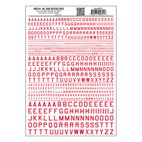 MG741 - Dry Transfer Lettering - 45° USA Gothic Red (1.5mm to 7.9mm)