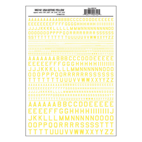 MG742 - Dry Transfer Lettering - 45° USA Gothic Yellow (1.5mm to 7.9mm)