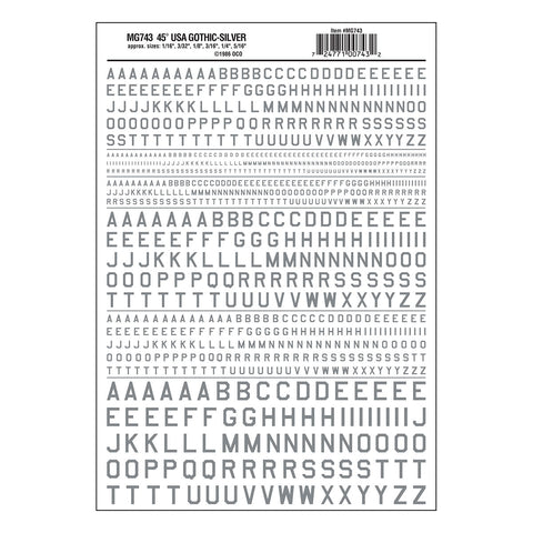 MG743 - Dry Transfer Lettering - 45° USA Gothic Silver (1.5mm to 7.9mm)
