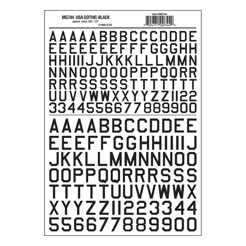 MG744 - Dry Transfer Lettering - 45° USA Gothic Black (9.5mm to 12.7mm)