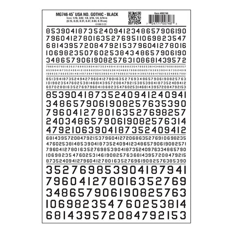 MG746 - Dry Transfer Numbers - 45° USA Gothic Black (1.5mm to 7.9mm)